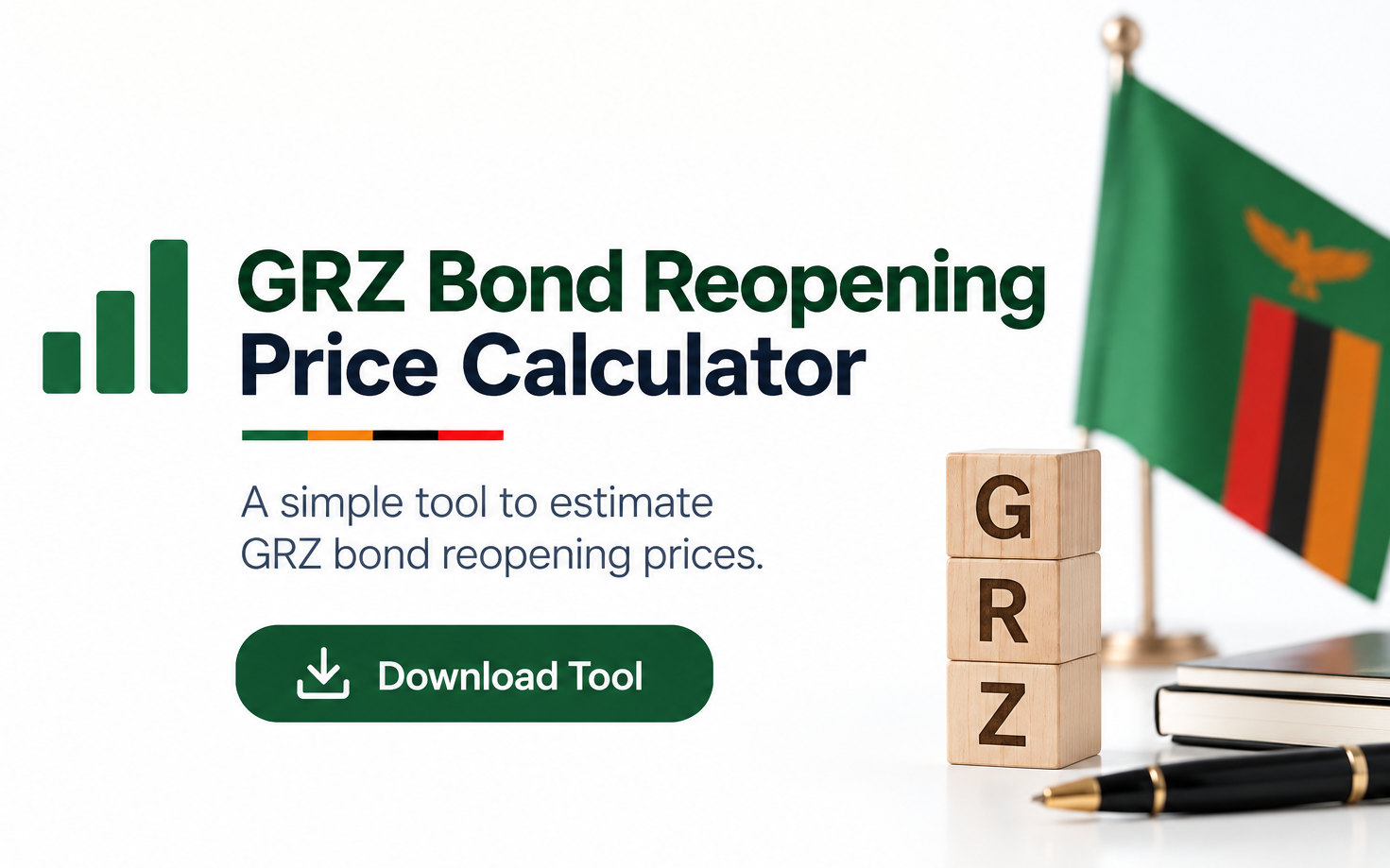 GRZ bond reopening price calculator laptop mockup with Zambian flag