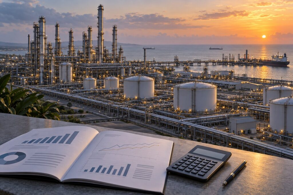 Coastal oil refinery with an investment prospectus and financial analysis charts