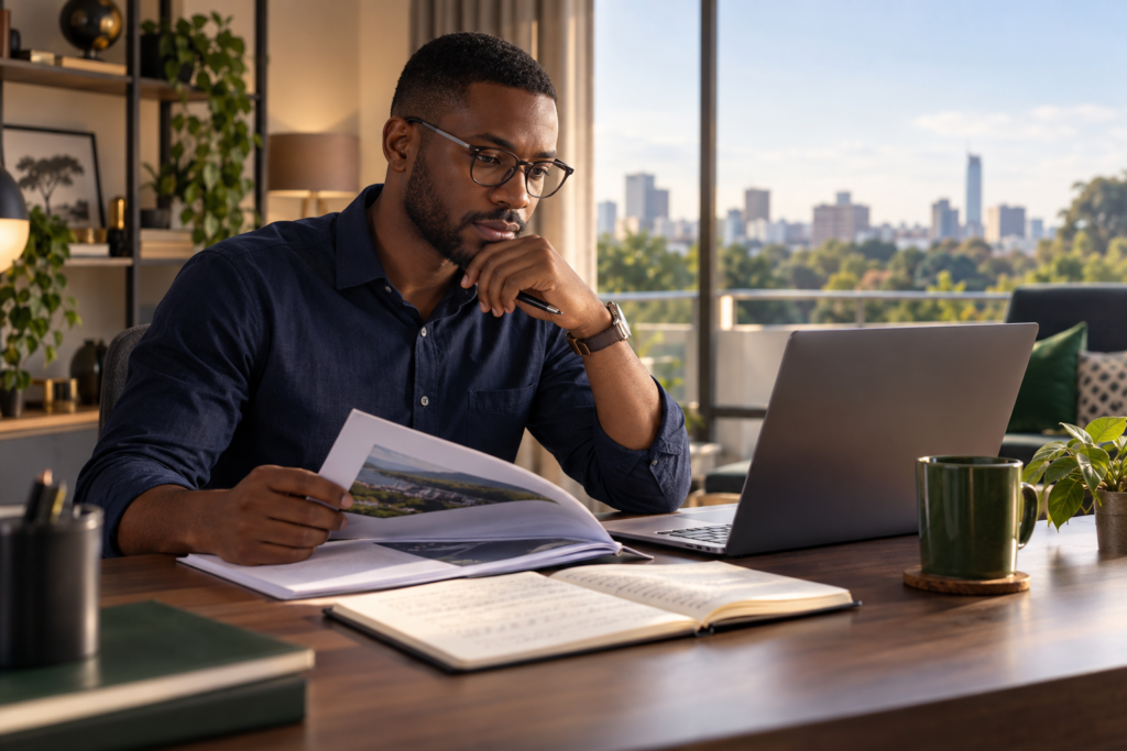 Zambian investor researching a company before buying shares on the Lusaka Securities Exchange