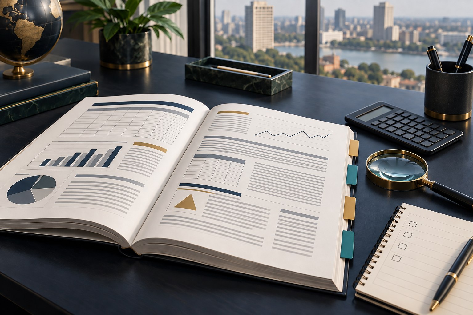 IPO prospectus open beside financial statements and analysis notes