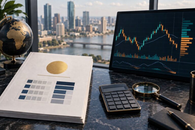 IPO offer document beside an abstract stock-market order book