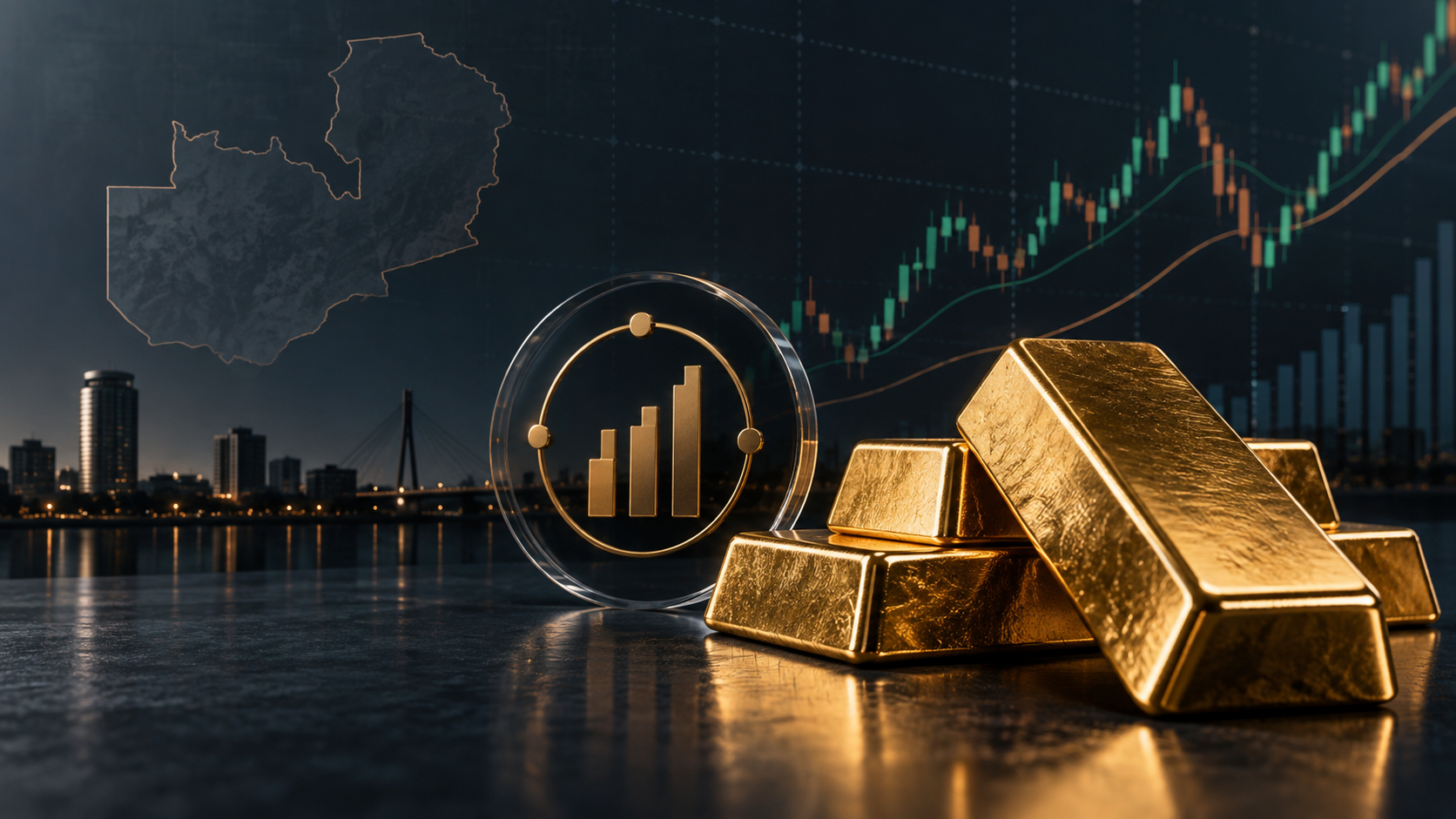 Zambia gold ETF market analysis with gold bars, price charts and the outline of Zambia